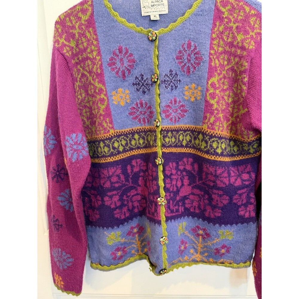 Alpaca Imports Women’s XL Cardigan Sweater Alpaca Floral Handmade Peru Boho